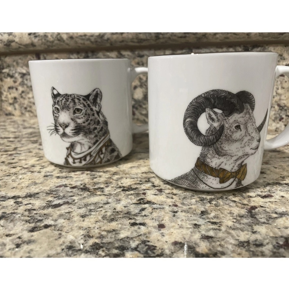 Rachel Kozlowski + West Elm Gilded Dapper Animal Leopard & Ram Mug Set of 2 - Picture 3 of 6